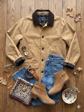 Lands’ End Barn Jacket Oversized Tan Corduroy Collar Flannel Lined Chore Coat